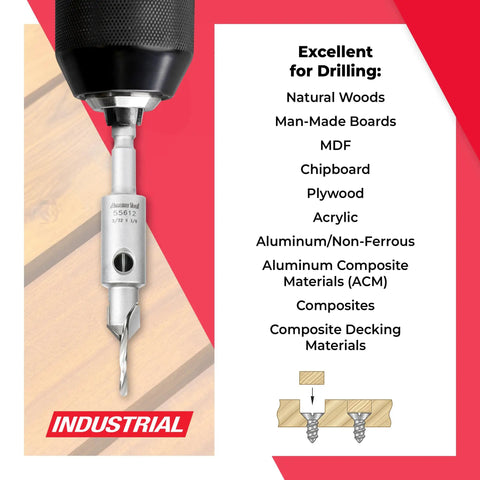 Top Shelf Carbide Tipped Eighty Two Degree Countersink Drill Bit Gives Dead On Alignment For Wood Screw Size Six Snugs Perfectly Into Festool Centrotec Quick Change Systems on a drill.