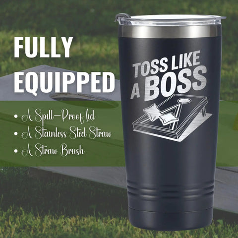 Cornhole Travel Tumbler 20 Oz Stainless Steel Cup For Men Birthday Gift Hella Rugged with straw and spill-proof lid.