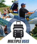 Collage showing multiple uses of Rolling Cooler With Wheels And Handle 50L Insulated Cooler Bag Holds 80 Cans Portable 2 In 1 Collapsible Trolley Cart For Grocery Shopping Beach Trips Picnics And Road Trips