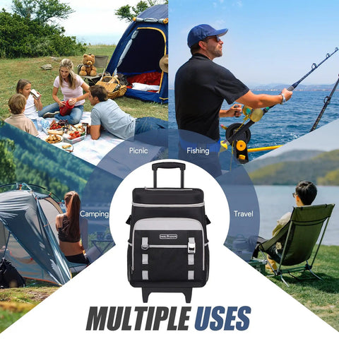 Collage showing multiple uses of Rolling Cooler With Wheels And Handle 50L Insulated Cooler Bag Holds 80 Cans Portable 2 In 1 Collapsible Trolley Cart For Grocery Shopping Beach Trips Picnics And Road Trips