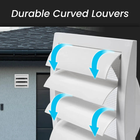 White ABS 6 Inch Dryer Vent Cover With Flaps And Insect Screen for exterior walls showing curved louvers.