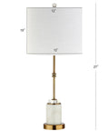 27 Inch Marble And Brass Gold Table Lamp With Crystal Column Design, White Linen Drum Shade, 27 inches tall, front view