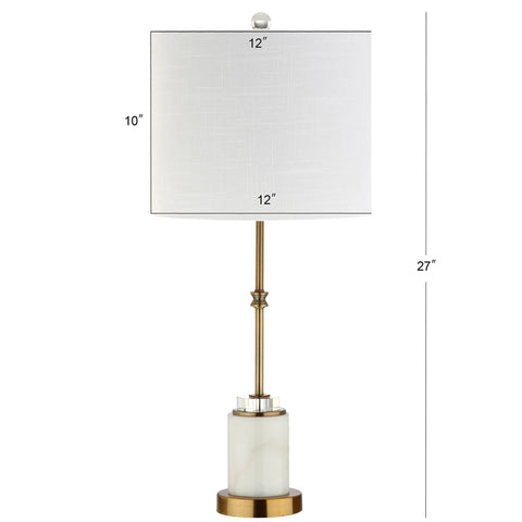 27 Inch Marble And Brass Gold Table Lamp With Crystal Column Design, White Linen Drum Shade, 27 inches tall, front view