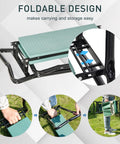 Steps showing Heavy Duty Garden Kneeler And Seat with Large Four Pocket Tool Bag, flip-up bench, foldable design for easy storage.