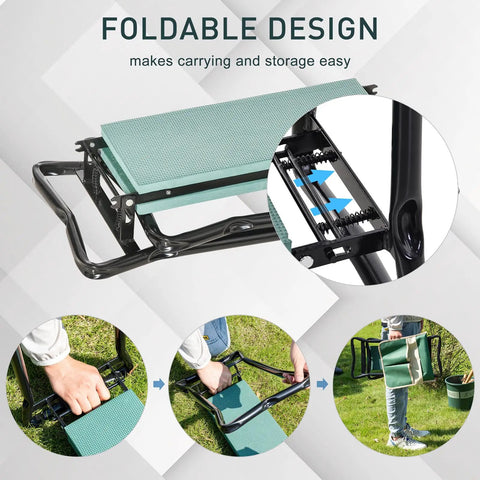 Steps showing Heavy Duty Garden Kneeler And Seat with Large Four Pocket Tool Bag, flip-up bench, foldable design for easy storage.