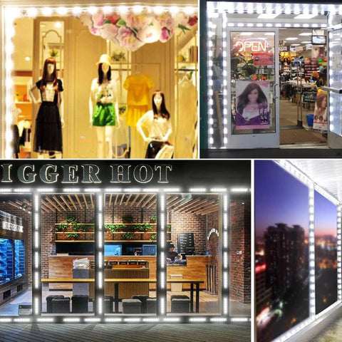 LED Window Lights Kit Waterproof Storefront Lighting For Advertising And Signs 12V 5050 LED Strips 20 Feet Long White Brightness With Remote Dimmer Indoor Outdoor Store Decor 2 Pack in storefronts displaying different businesses