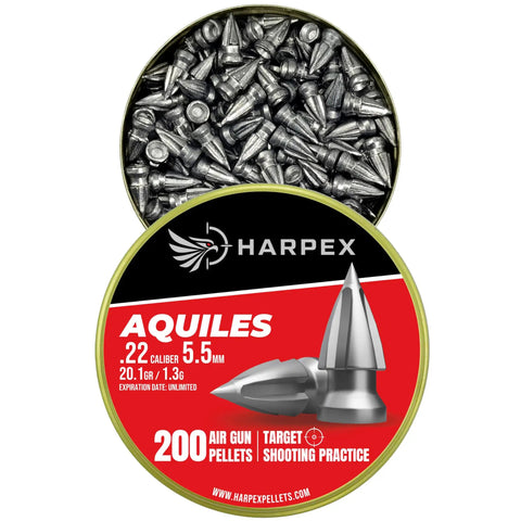 Open tin of 22 Caliber Airgun Pellets Twenty Point One Grain Pointed Arrow Head Design High Penetration Lead Pellets 200 count.
