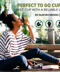 Woman drinking from Premium 4 Oz Insulated Triple Wall Ripple Paper Coffee Cups With Black Lids 50 Pack on a park bench.