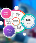 Refractory coating infographic with colorful circles showing TiO2 and SiO2 chemical components and properties