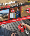Beefy Portable Drill Winch With 1500 Lb Capacity Red Handheld Winch Kit 40 Foot Synthetic Rope 360 Degree Hook Rotation Built To Lift And Drag Heavy Gear Includes Down Strap With D Rings, red drill winch on truck bed with drill attached