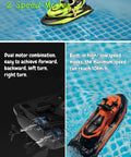 High Speed Dual Motor RC Motorboat With 2.4 GHz Remote, green boat on water, showing dual motor design, detachable driver figure