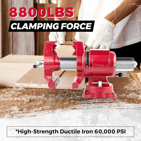 5 Inch Upgraded 360 Degree Positioning Bench Vise With 8800 Lb Clamp, Heavy Duty Ductile Iron Body, 60000 PSI Strength, Blue Powder Coat Finish, Zinc Plated Spare Parts, Precise Jaw And Rock Solid Grip on woodworking bench