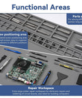 Beefy Extra Large Soldering Mat For Electronics Repair with parts, tools, and circuit board organized on silicone workbench pad.