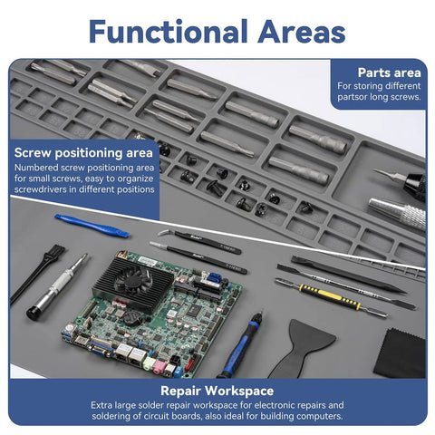 Beefy Extra Large Soldering Mat For Electronics Repair with parts, tools, and circuit board organized on silicone workbench pad.