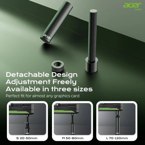 GPU Sag Bracket With Magnetic Base And Non-Slip Stand For Graphics Cards, aluminum parts, adjustable, shown in three sizes.