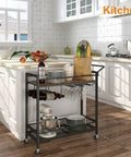 Two-Tone Mobile Bar Cart With Wine And Glass Holders displayed in a kitchen, featuring a two-tone top and lockable wheels.