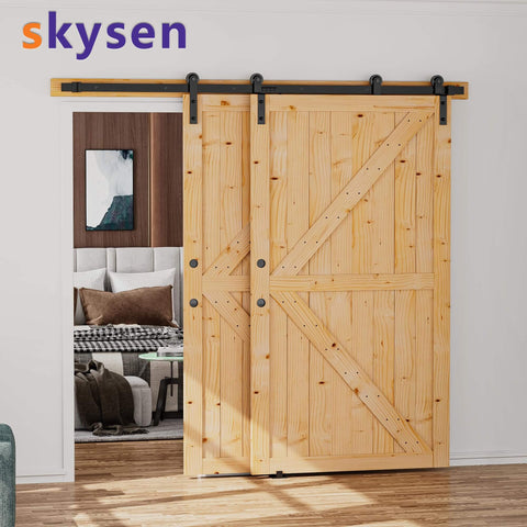 Double Sliding Barn Doors 42 Inch By 84 Inch With 8 Ft Single Track Bypass Hardware Kit Unfinished Spruce Wood installed
