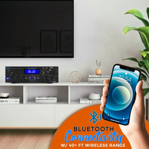 Living room with Wireless Bluetooth Home Stereo Amplifier With 200W Power Multi Channel Receiver System on shelf.