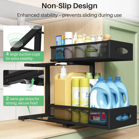 Two Tier Under Sink Organizer With Butter Smooth Mesh Sliding Drawers And Silent Roll Tracks for stable under-sink storage.