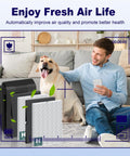 Man with dog enjoying fresh air beside Replacement Filter H For Winix 5500-2 AM80 PlasmaWave Air Purifier, combo pack shown