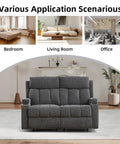 Two Seat Manual Recliner Sofa Set With Cozy Fabric Comfort, Built In Side Pockets And Cup Holders, Home Theater Vibe Couch for Living Room or Office, Dark Grey shown in various rooms