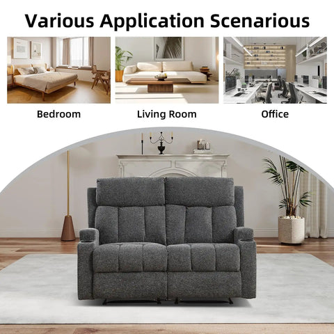 Two Seat Manual Recliner Sofa Set With Cozy Fabric Comfort, Built In Side Pockets And Cup Holders, Home Theater Vibe Couch for Living Room or Office, Dark Grey shown in various rooms