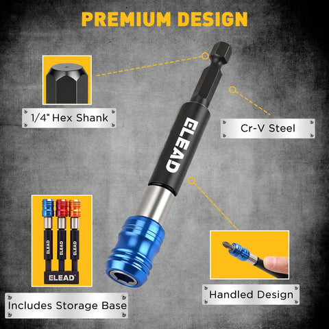3 Piece One Quarter Inch Quick Change Drill Bit Holder Set With Four Inch Hex Shank Extensions No Slip CRV Steel Quick Release