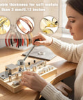 Woman using Heavy Duty Ring Bending Kit for Jewelry Making with Chrome Steel Molds Wooden Base 0.47 to 0.87 inch sizes.