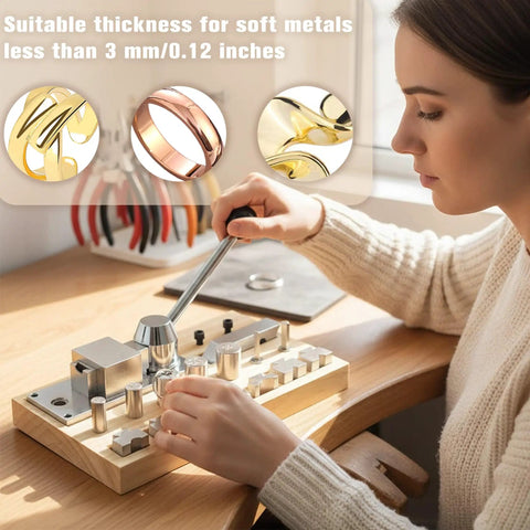 Woman using Heavy Duty Ring Bending Kit for Jewelry Making with Chrome Steel Molds Wooden Base 0.47 to 0.87 inch sizes.