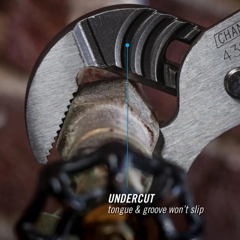 Close-up of Versatile 10 Inch Tongue And Groove Pliers with straight jaw gripping metal pipe, underscoring Permalock joint's strong grip.