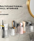 Four Pack Clear Wall Mount Organizers With Super Strong Adhesive Perfect For Kitchen Cabinets And Pantries Food Grade Storage Bins Stackable Desktop Baskets organizing bathroom essentials on a wall.