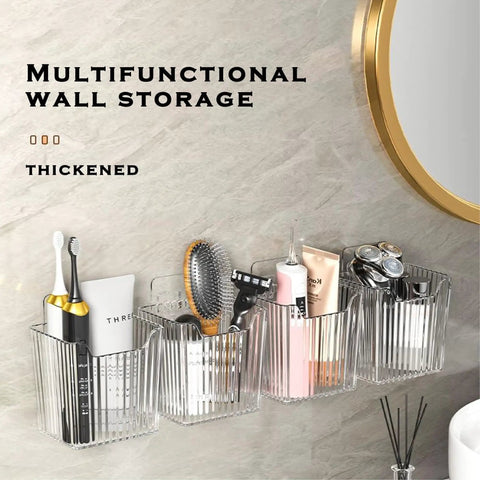 Four Pack Clear Wall Mount Organizers With Super Strong Adhesive Perfect For Kitchen Cabinets And Pantries Food Grade Storage Bins Stackable Desktop Baskets organizing bathroom essentials on a wall.