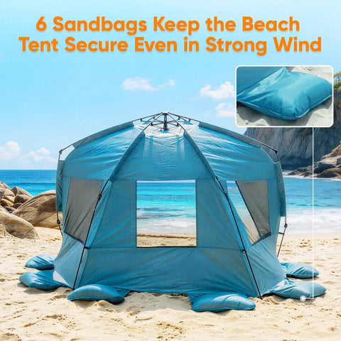 Pop Up Beach Tent Sun Shelter for 3 People with 1 Minute Setup UPF 50 Plus Shade Detachable Floor Mat on sandy beach