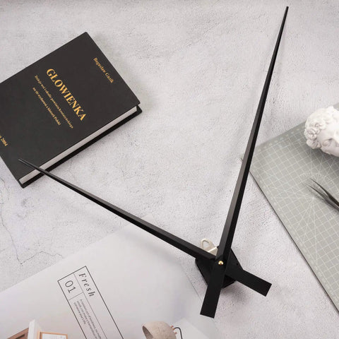 Heavy Duty High Torque Clock Movement Mechanism Replacement Kit with 17.8 Inch Long Black Clock Hands displayed on table.