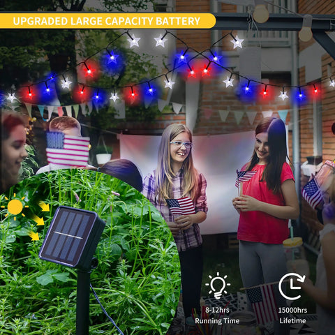 Outdoor celebration with Two Pack Solar Powered Patriotic Star String Lights With 100 LEDs Each 33 Ft Long Waterproof Outdoor Decor