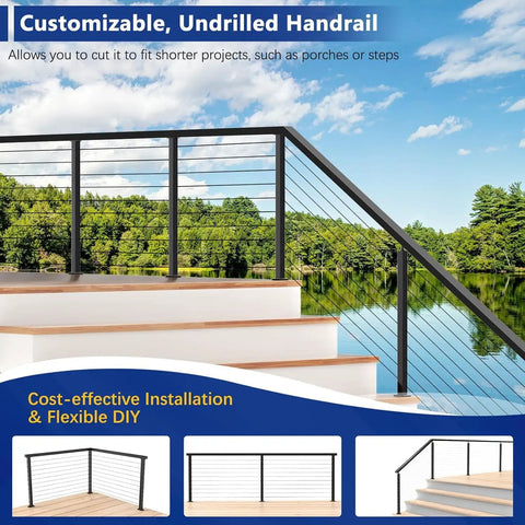 Rock Solid 12 Foot Aluminum Deck Railing Handrail In Matte Black With Rust Proof Powder Coating For Lake Homes And Waterfront Walkways Straightforward No Sweat Installation All Season Long, customizable undrilled handrail for porch or steps.