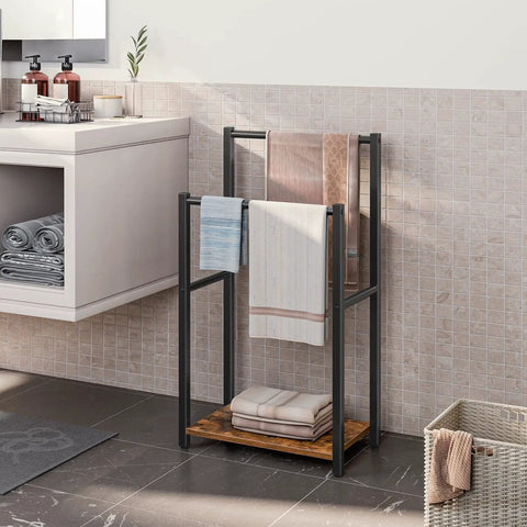 Freestanding Towel Rack And Blanket Holder For Bathroom, Two Tier Drying And Display Shelf In Rustic Brown And Black Finish