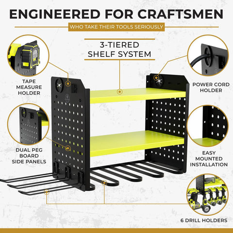 Heavy Duty Power Tool Organizer Wall Mount Three Tier Steel Rack With Six Drill Slots Dual Pegboard Sides Side By Side