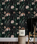 Dope Boho Floral Peel And Stick Wallpaper Black Background With Green Leaves And Pink Flowers 17.7 Inches Wide By 315 Inches Long Removable