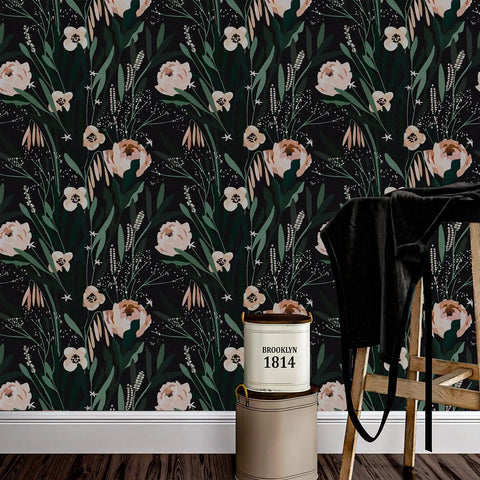 Dope Boho Floral Peel And Stick Wallpaper Black Background With Green Leaves And Pink Flowers 17.7 Inches Wide By 315 Inches Long Removable