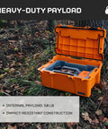 Sixer 16 Protective Case With Removable Tool Tray Blaze Orange open outdoors, showing interior compartments and tools