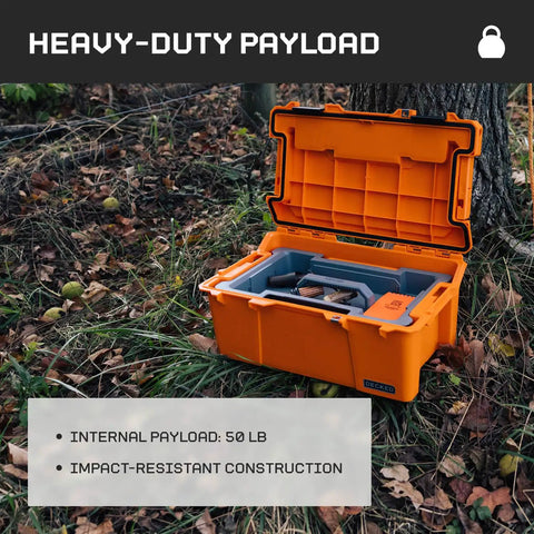 Sixer 16 Protective Case With Removable Tool Tray Blaze Orange open outdoors, showing interior compartments and tools