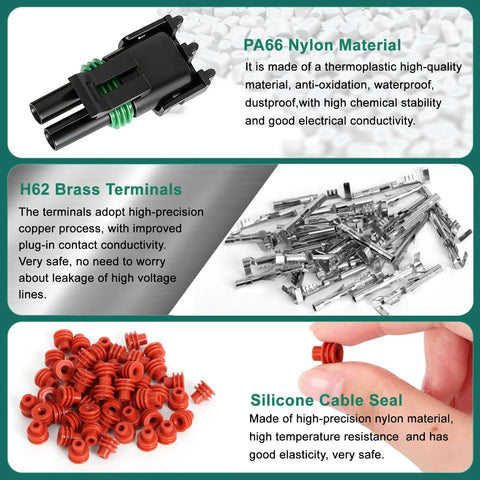 Weather Pack Connector Kit Bundle With 401 Pieces showcasing PA66 nylon connectors, H62 brass terminals, and silicone cable seals.