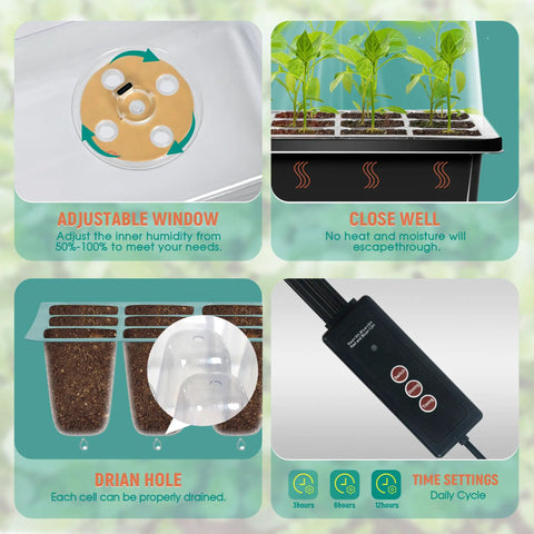 6 Tray Seed Starter Kit With USB Full Spectrum Grow Lights Timing Controller, humidity window, drain hole, time settings