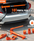 VEVOR 10 Ton Porta Power Kit with hydraulic ram and pump; orange tool set with hoses and attachments in trunk view
