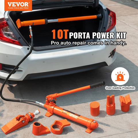 VEVOR 10 Ton Porta Power Kit with hydraulic ram and pump; orange tool set with hoses and attachments in trunk view
