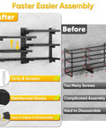 Heavy Duty Wall Mount Tool Organizer with Six Adjustable Shelves and Cordless Drill Holder, installation comparison.