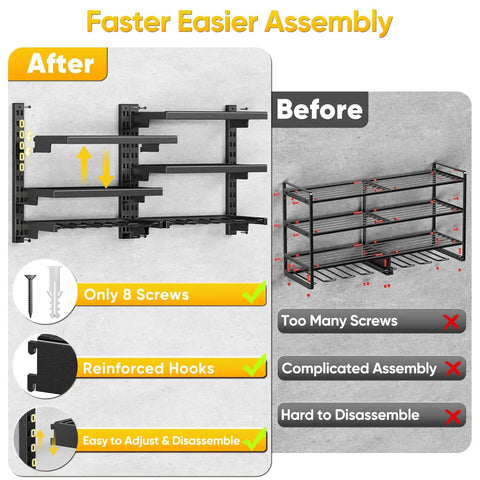 Heavy Duty Wall Mount Tool Organizer with Six Adjustable Shelves and Cordless Drill Holder, installation comparison.