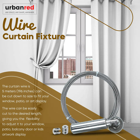 Adjustable Indoor Outdoor Wire Curtain Rod System With 16.4 Ft Reach And 24 Clips, shown coiled with window backdrop.