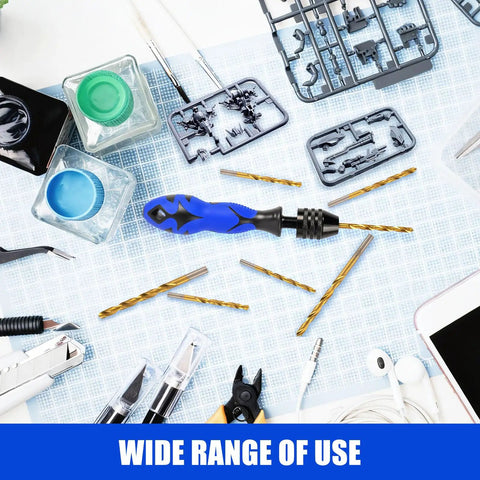 Adjustable Pin Vise Hand Drill Kit with 13 pcs HSS drill bits for wood, jewelry, plastic beads, and craft projects displayed on table